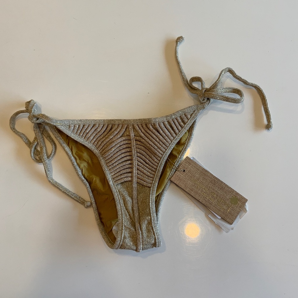 NEW Agua De Coco Gold Metallic Stretch Tie Side Full Coverage Bikini Swim Suit M